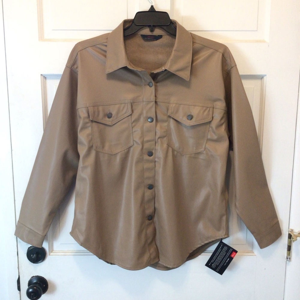 Excuse Womens Tan Faux Leather Lightweight Layering Button Up Jacket Top Large